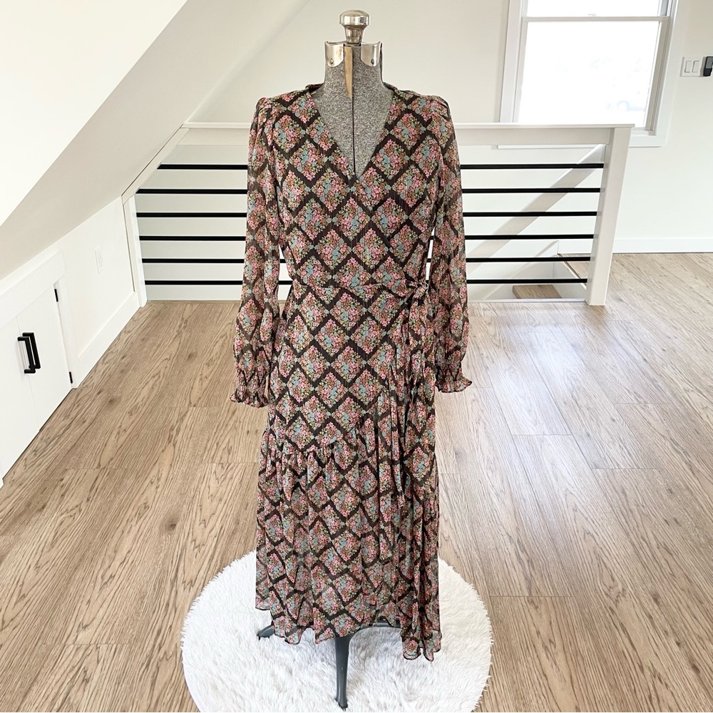 LC Lauren Conrad pink blue & black floral print wrap midi dress